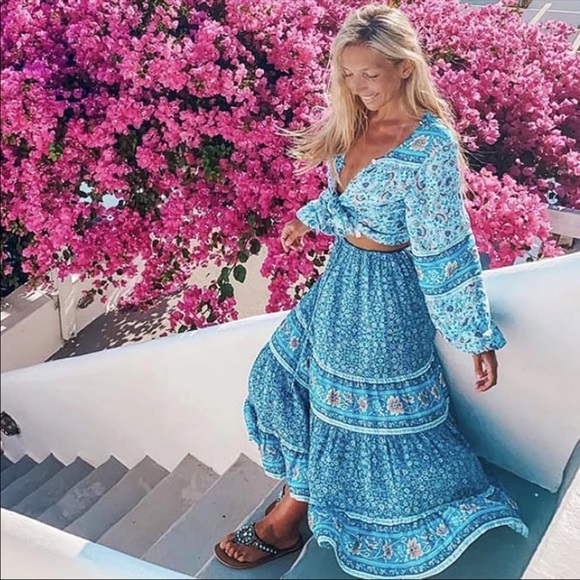 Boho floral gypsy skirt print maxi long blue - Picture 2 of 14